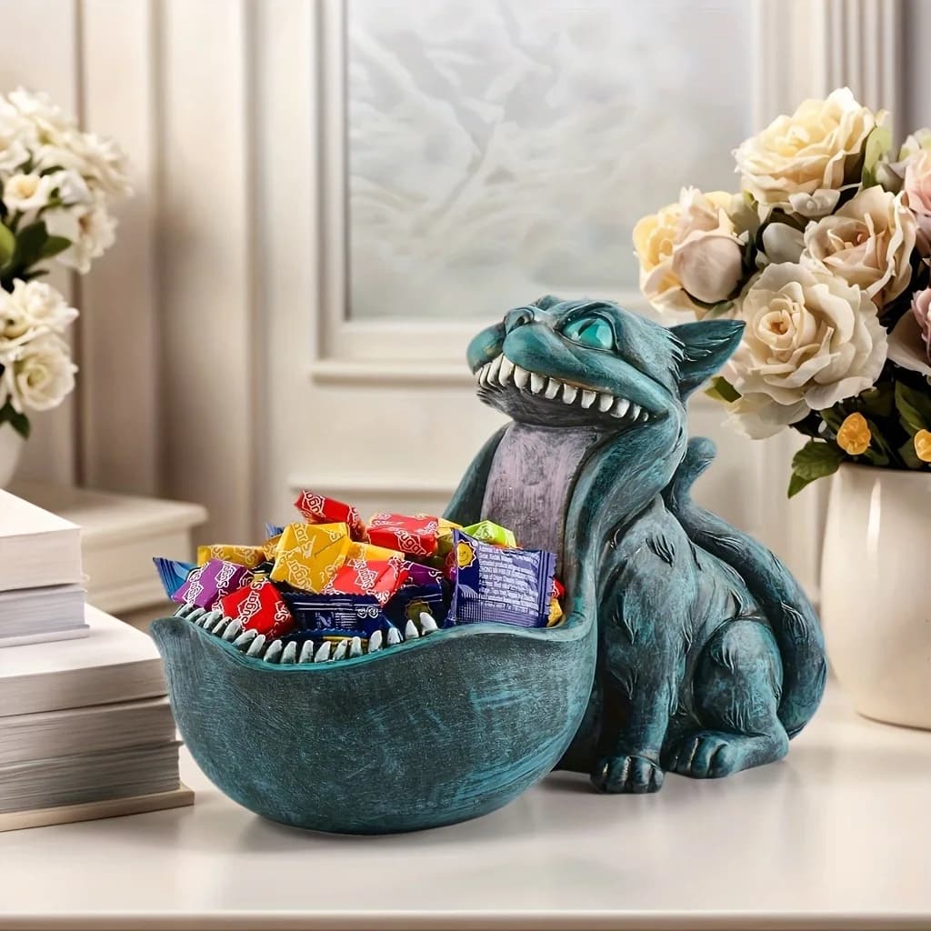 Big Mouth Cat Statue Storage Bowl Key Candy Holder Pet Bowl Halloween Xmas Chinese New Year Desktop Garden Front Desk Decor