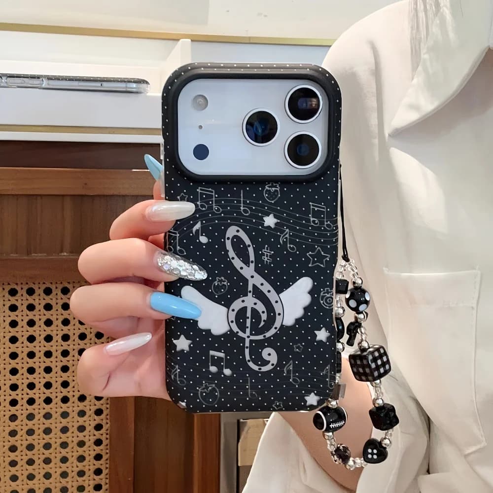 Korean Ins Cute Angel Note Black Phone Case Suitable For iPhone 17 Pro Max 16 Max 15 16 17 Pro Cover, Fashion Anti-Fall Set Cool