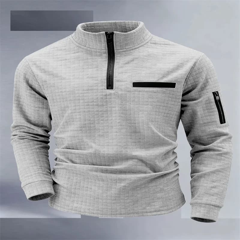 Men's Golf Shirt for Spring and Autumn: High-Neck, Plaid, Sleeve Pockets, Zipper, Stylish Sporty Long-Sleeved Polo Shirt