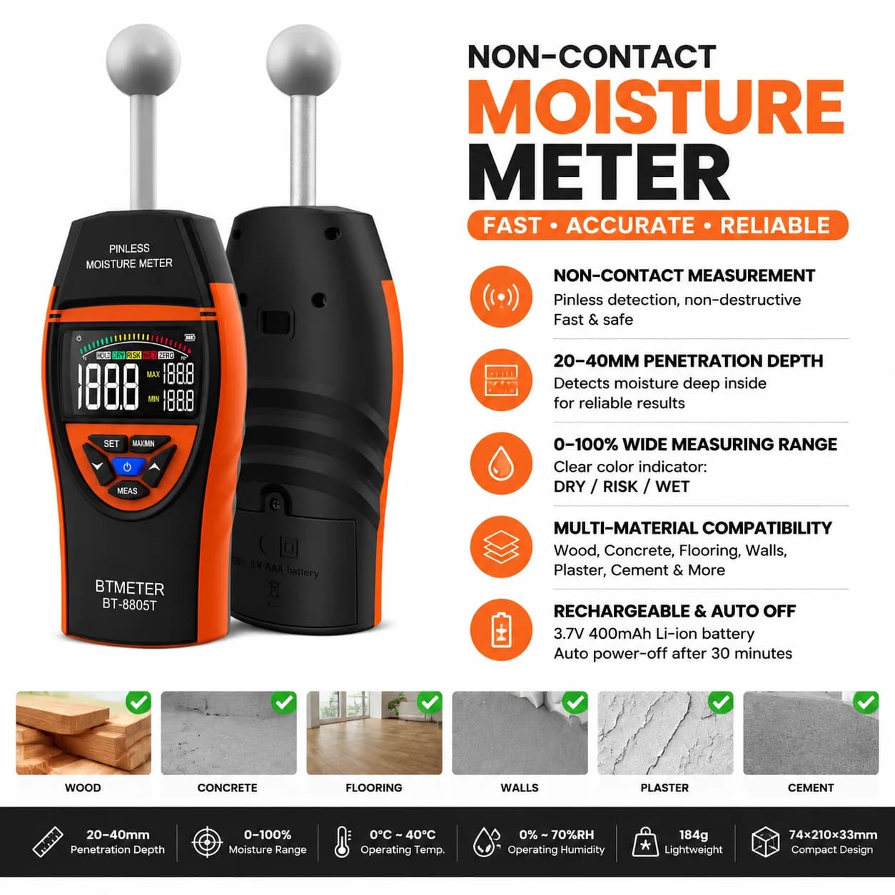 Non-contact Wood Moisture Meter 20-40mm Depth Tester for Wood Concrete Plaster Building Non-destructive Humidity Detector