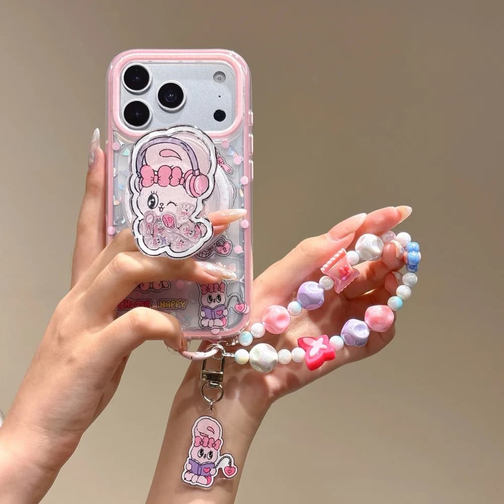 Kawaii Pink Cartoon Rabbit Glitter Phone Case for iPhone 17 Pro 15 16 17 Pro Max 15 Pro 14 13 Girlys Anti-fall Set with Magnetic