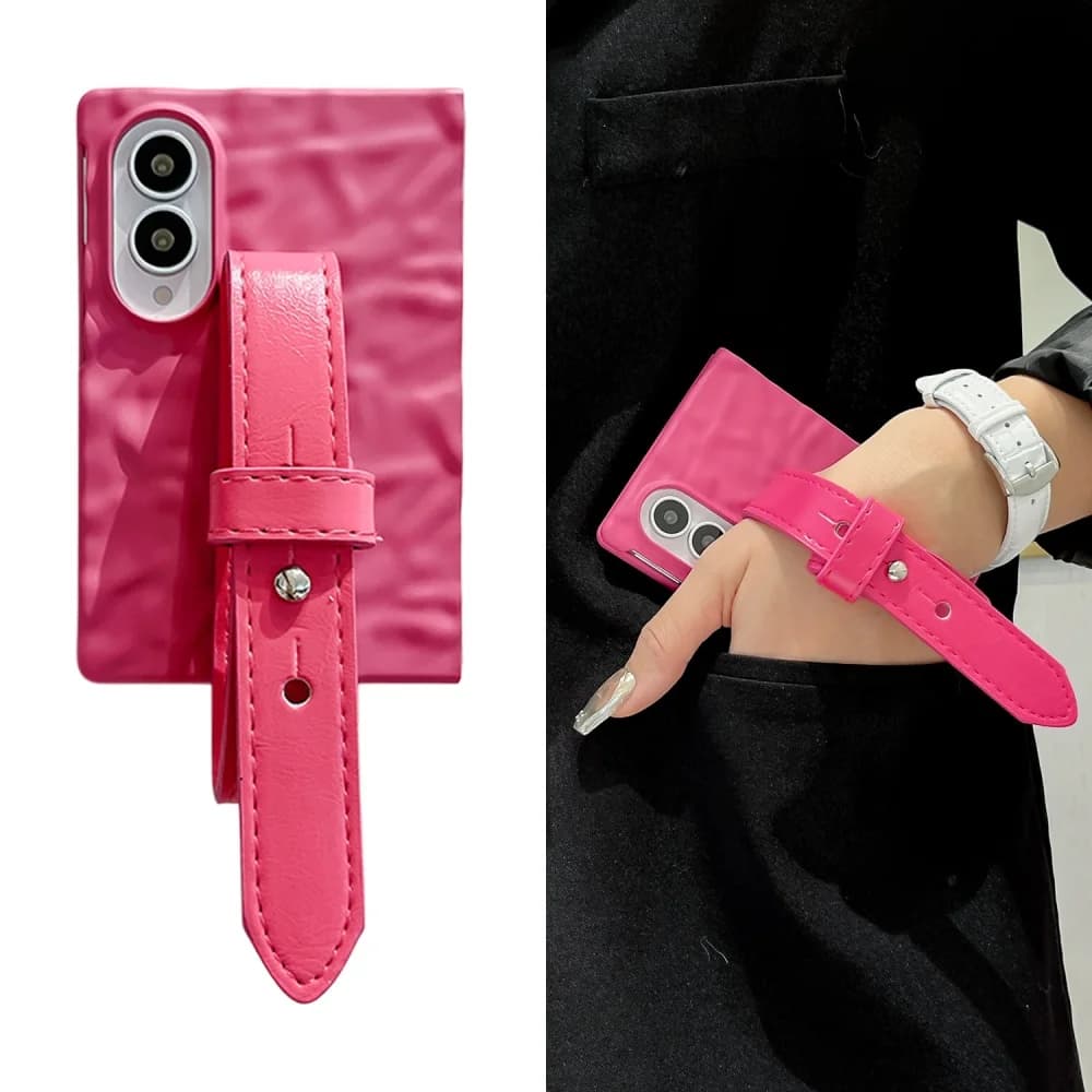 Luxury Leather Wristband Rose Red Phone Case for Samsung Galaxy Z Fold 8 Z Fold 8 Ultra Fashion Shockproof Cover for Women Girls