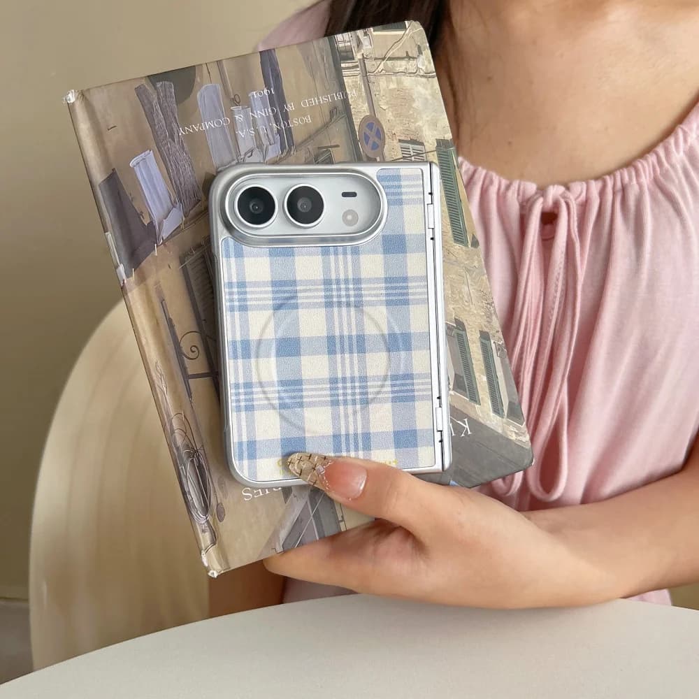Korea Ins Blue White Plaid Phone Case for Apple iPhone Ultra Cover, With MagSafe Simple Fashion Shockproof Protective Back Cases