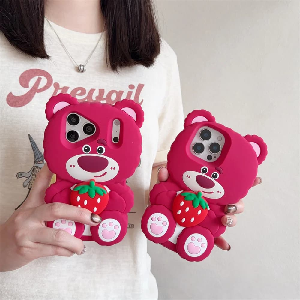 Cute Strawberry Bear Silicone Soft 3D Phone Case for iPhone 15 plus 16 Pro 17E 16 15 14 13 17 Pro Max Cover Shockproof Cover