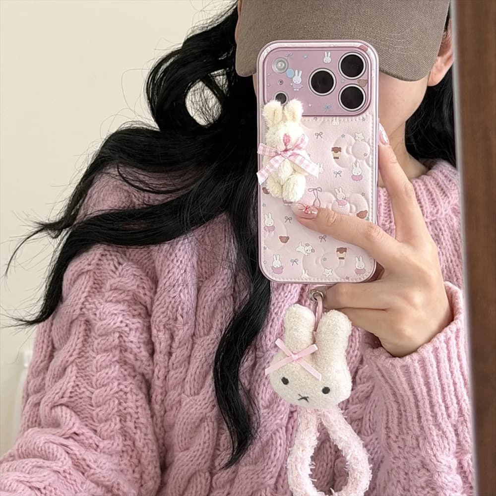 Kawaii Rabbit Leather Phone Case for iPhone 16 Pro 13 14 15 17 Pro Max Cases with Furry Rabbit Cute Shockproof Cover Cartoon Fun