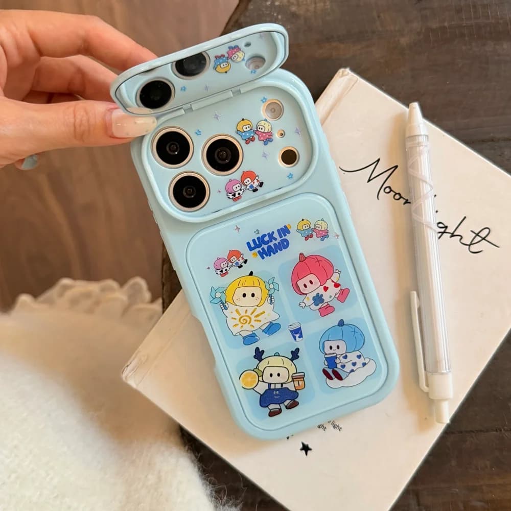 New Cute Cartoon Girl Print Cosmetic Mirror Phone Case for iPhone 18 17 Pro 15 16 17 Pro Max, Fashion Anti-fall Protective Cover