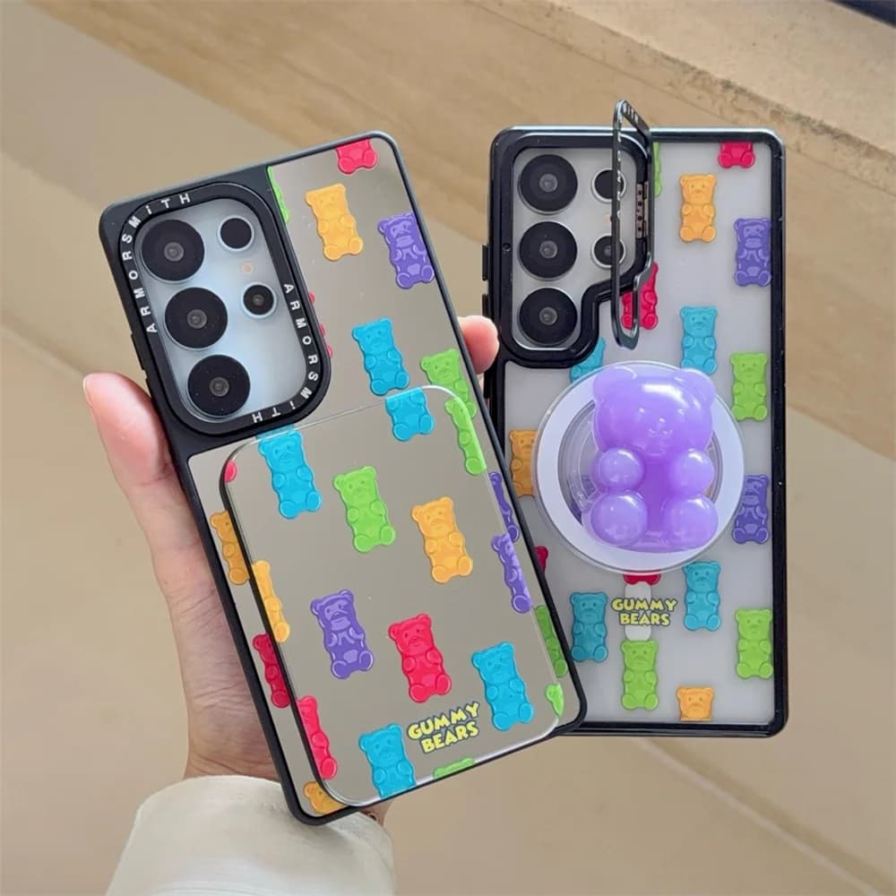 Cute Cartoon Bear Magnetic iPhone Case for Samsung Galaxy S26 Ultra S25 S24 S23 Plus Cover With Magsafe Stand Holder Chain Case