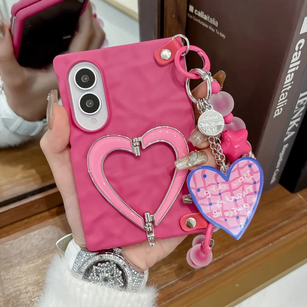 New Fashion Ins Rose Red Heart‑Shaped Stand Phone Case for Samsung Galaxy Z Fold 8, Fold 8 Ultra Luxury Anti‑Drop Set With Charm