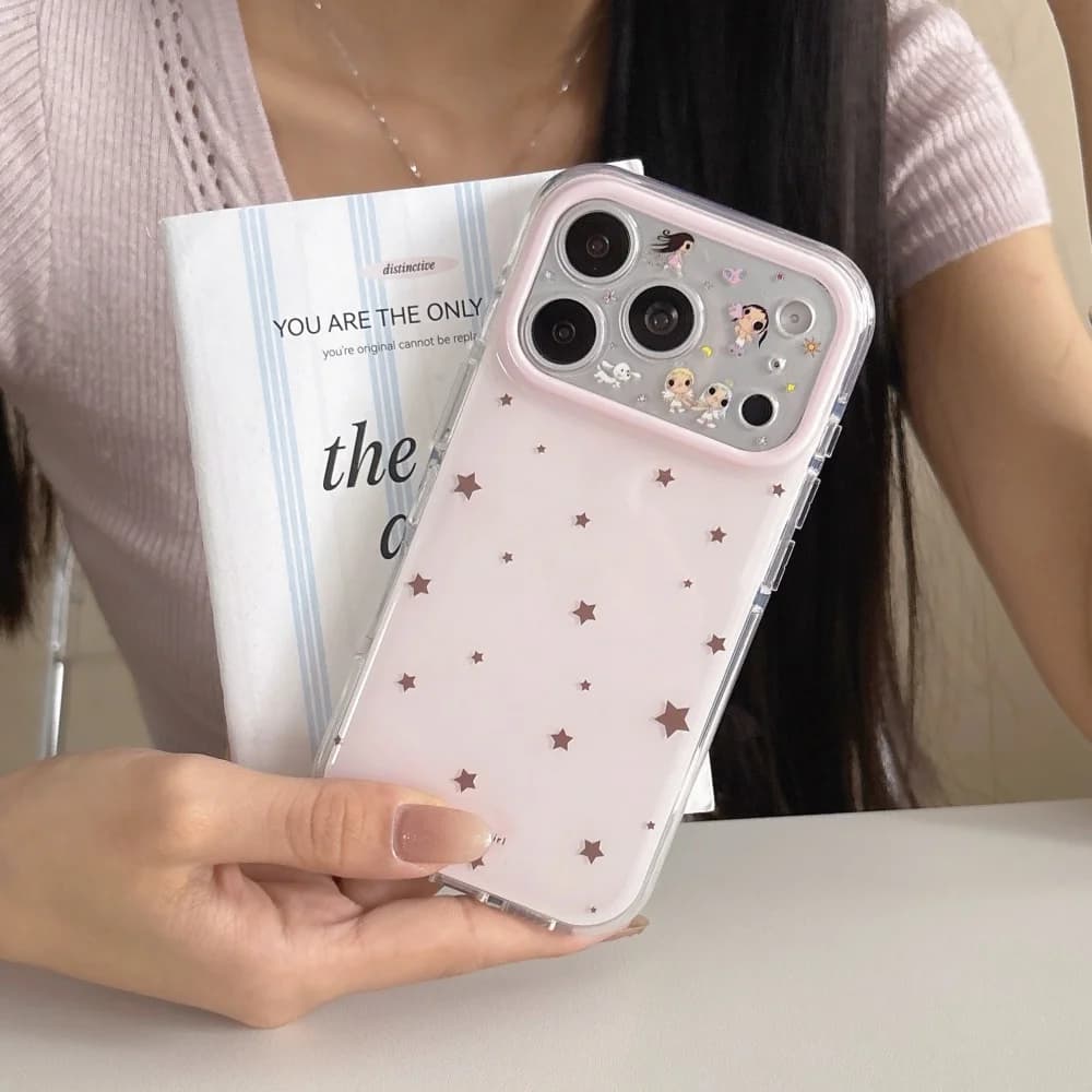Korean INS Star Print Cartoon Girl Kawaii Pink Phone Case for iPhone 17 16 15 Pro Max Fashion and Cute Anti-fall Protective Case