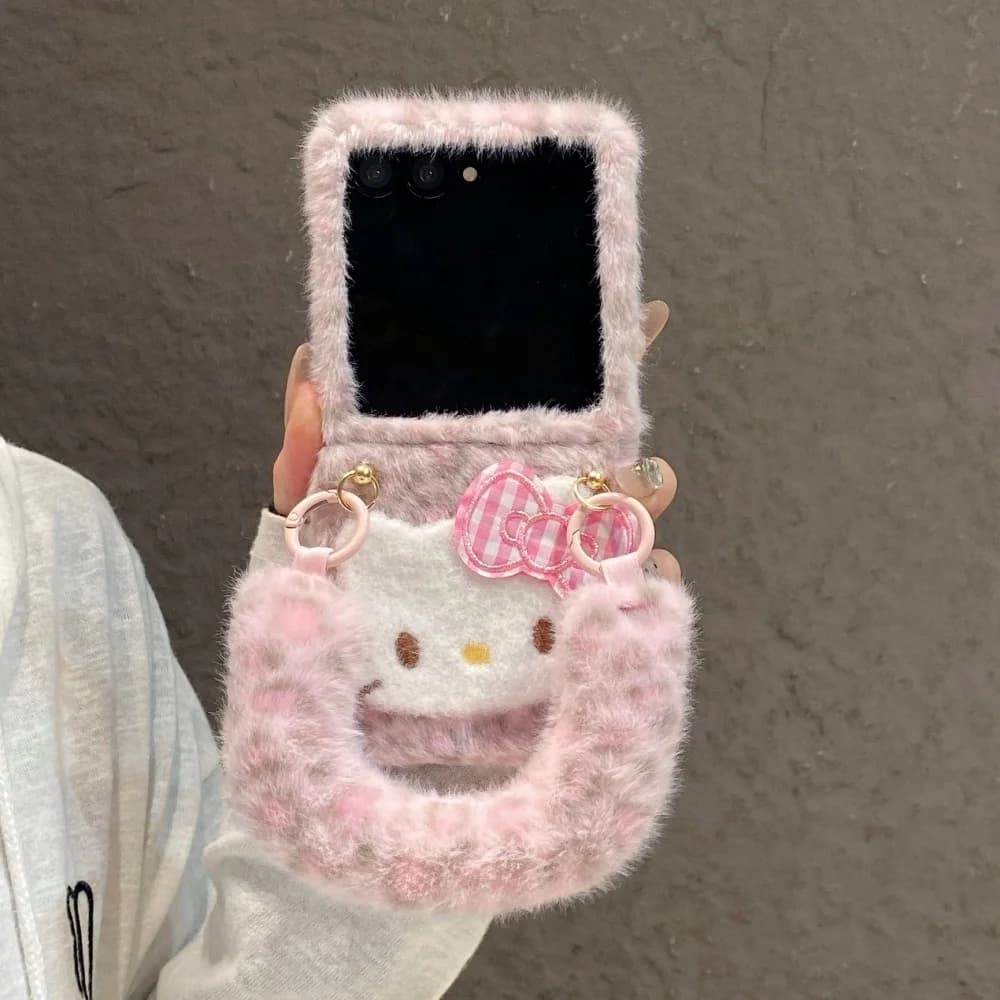 Kawaii Leopard Print Cartoon Kitten Plush Phone Case for Samsung Galaxy Z Flip8 Z Flip7 Z Flip6, 5 Fashion Warm Shockproof Cover