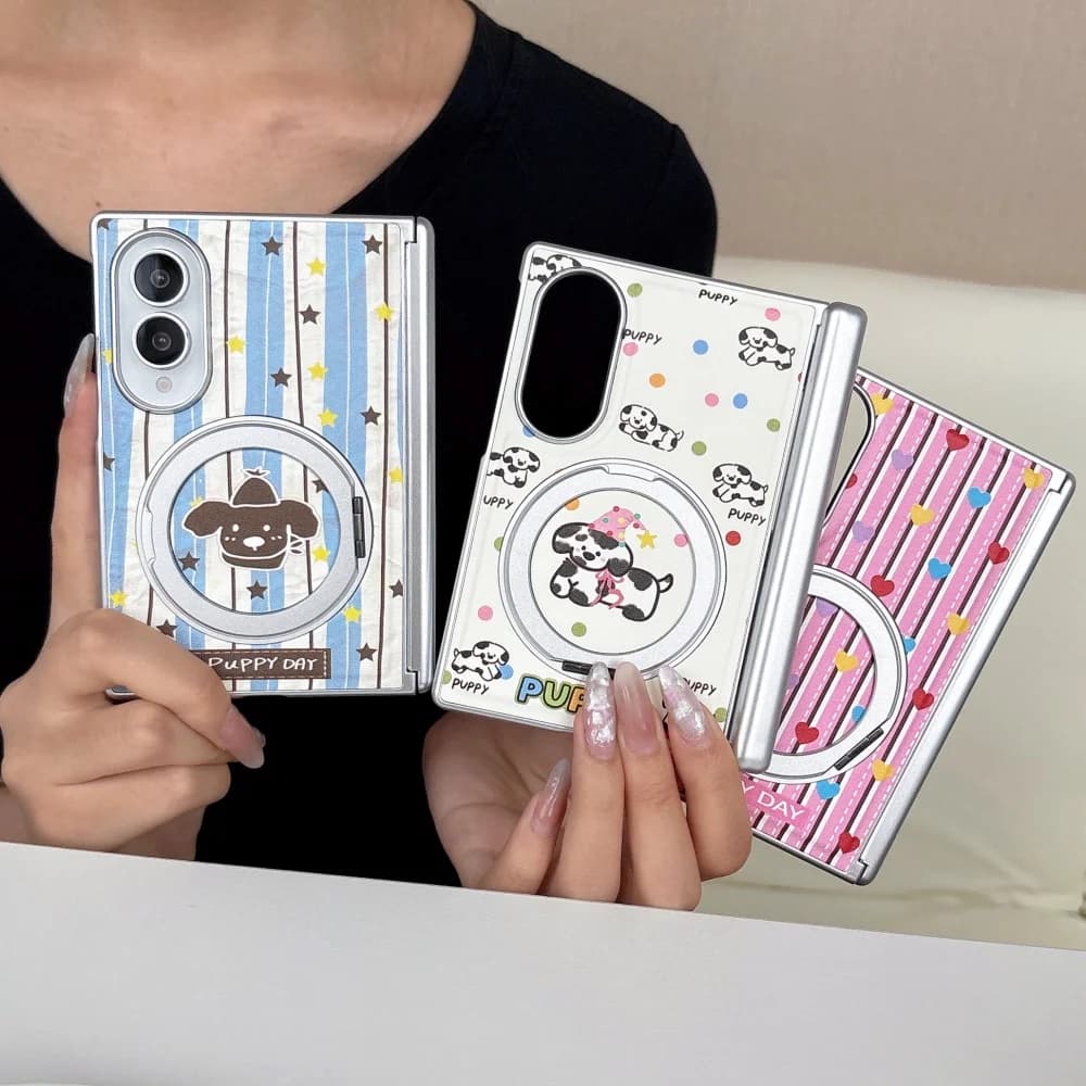 Cute Cartoon Puppy Pattern Phone Case for Samsung Galaxy Z Fold 8 Fold 8 Ultra Z Fold 7, Z Fold 6 Luxury Leather Anti-Fall Cover