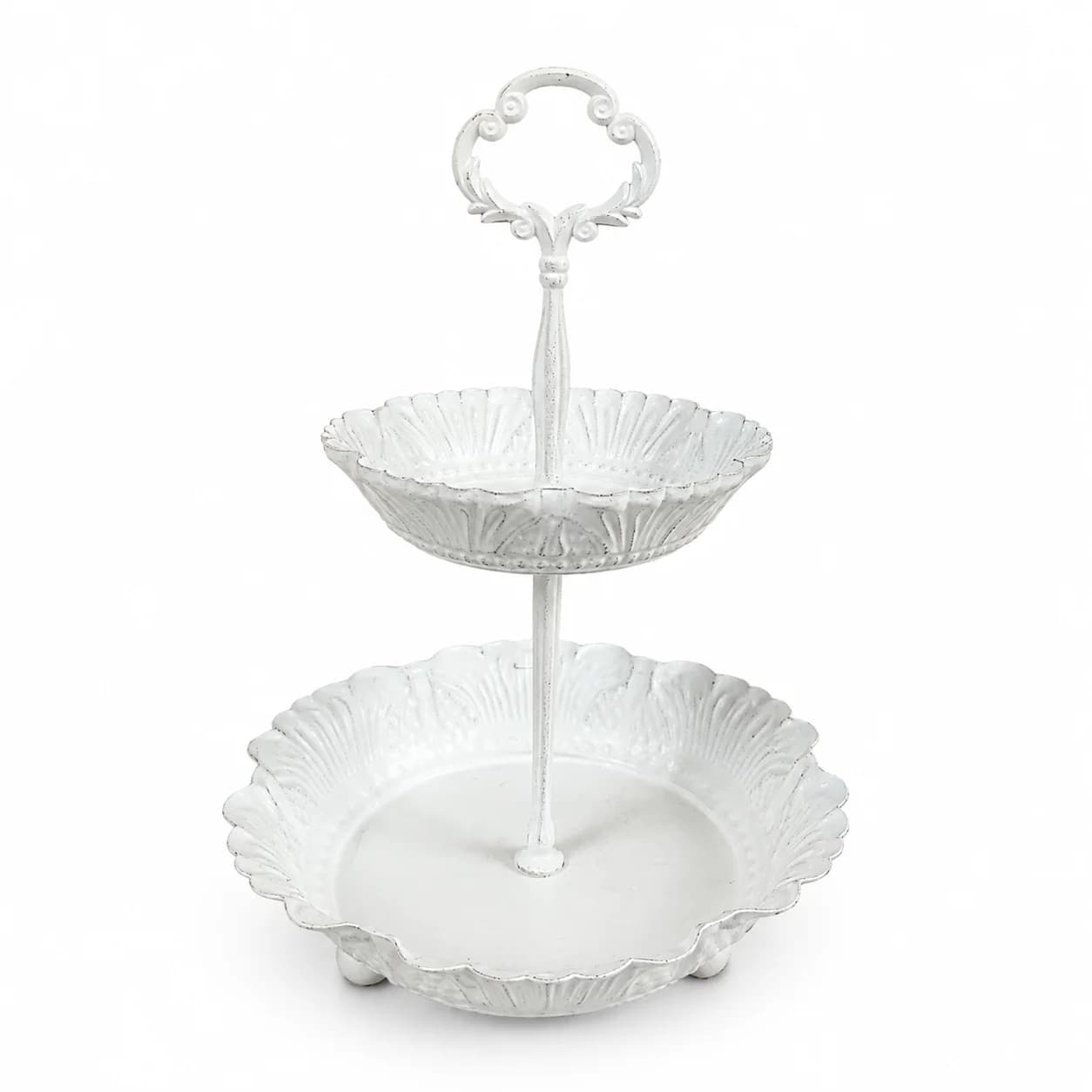 White 2-Tier Serving Stand, Vintage Iron with Scalloped Edges, Decorative Handle, 7.1 X 7.1 X 9.8 Inches