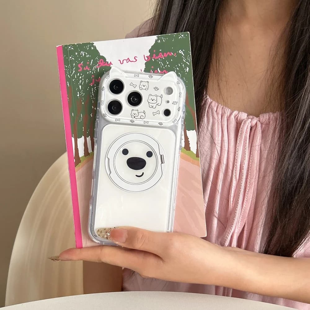 Kawaii 3D Cat Ears Cartoon Puppy Phone Case for iPhone 18 Pro 17 Max 15 16 17 Pro Max with MagSafe Holder, Cute Shockproof Cover