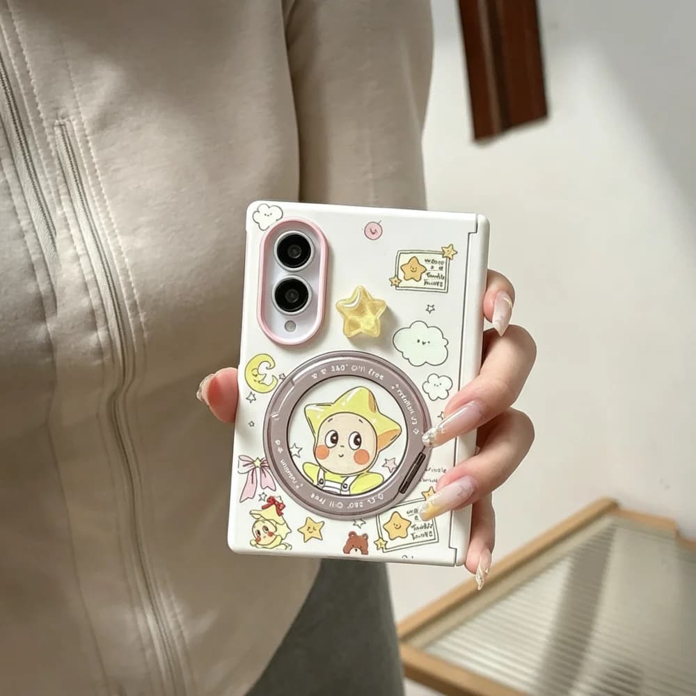 Cute Cartoon Star Character Magnetic Phone Case for Samsung Galaxy Z Fold 8, Kawaii 3D Star Anti-Fall Cover, With MagSafe Holder