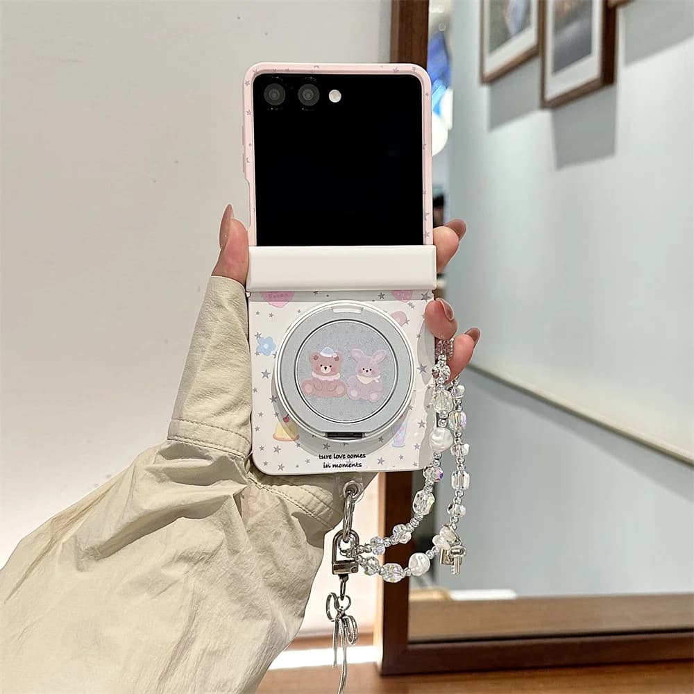 Korean Cute Star Bear Rabbit With Magsafe Stand Chain Phone case for Samsung Galaxy Z Flip8 7 6 Flip 7 6 5 4 3 Flip 6 7FE Cover