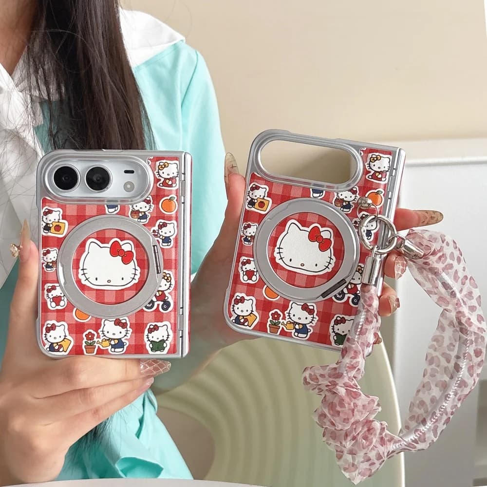Cute Red Plaid Cartoon Cat Magnetic Phone Case for iPhone Duo Cover with Magsafe Holder Fashion Shockproof Protective Set Kawaii