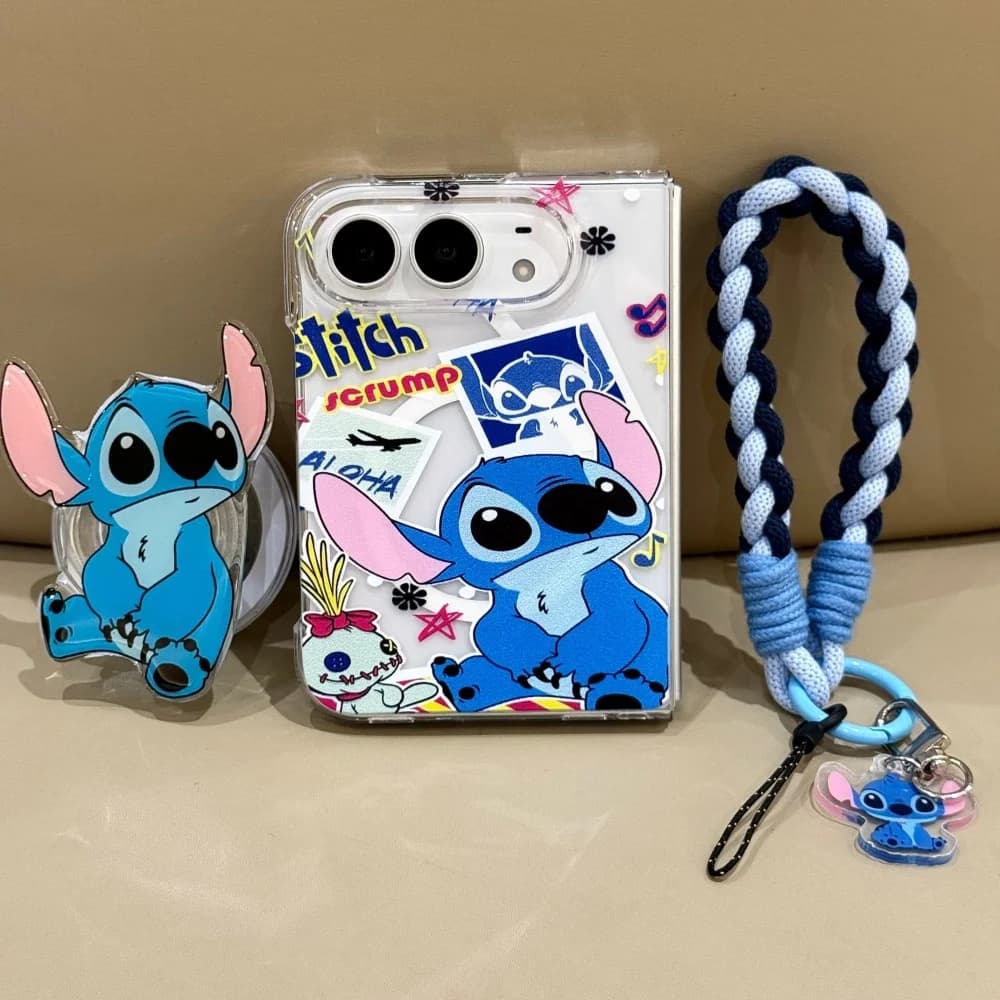 Kawaii Big Ears Blue Cartoon Character Phone Case for iPhone Duo Fashion Foldable Anti-drop Protective Cover with MagSafe Holder