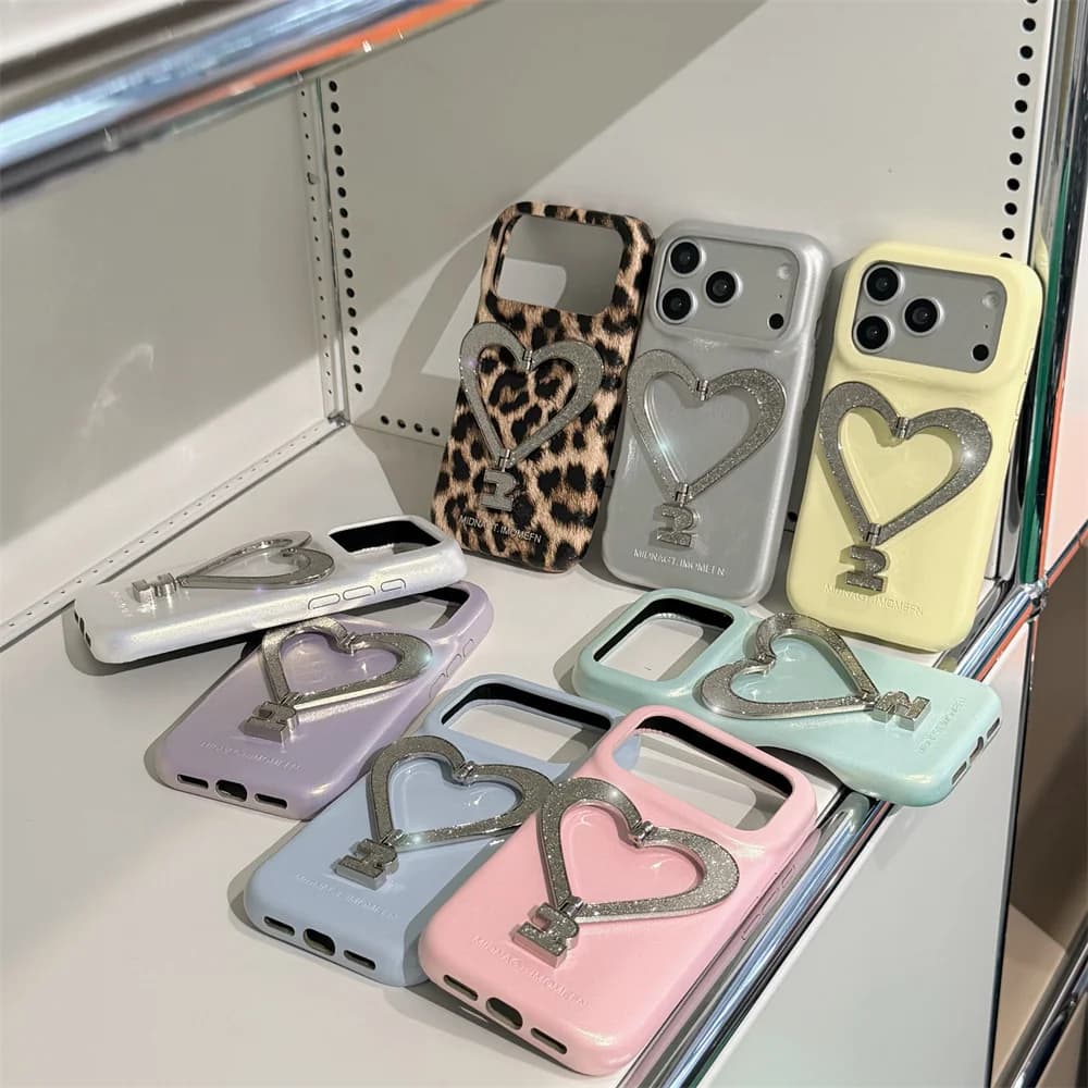 Luxury Glitter Leather With Diamond Heart Stand Phone Case For iPhone 17 16 Pro Max 15 14 13 16 15 Pro 17 Pro Case Fashion Cover
