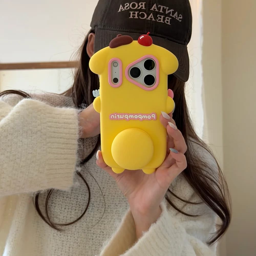 Kawaii 3D Pudding Cartoon Yellow Phone Case for iPhone 18 17 Pro 16 Max 15 16 17 18 Pro Max Cover with Holder Fashion Cute Cases