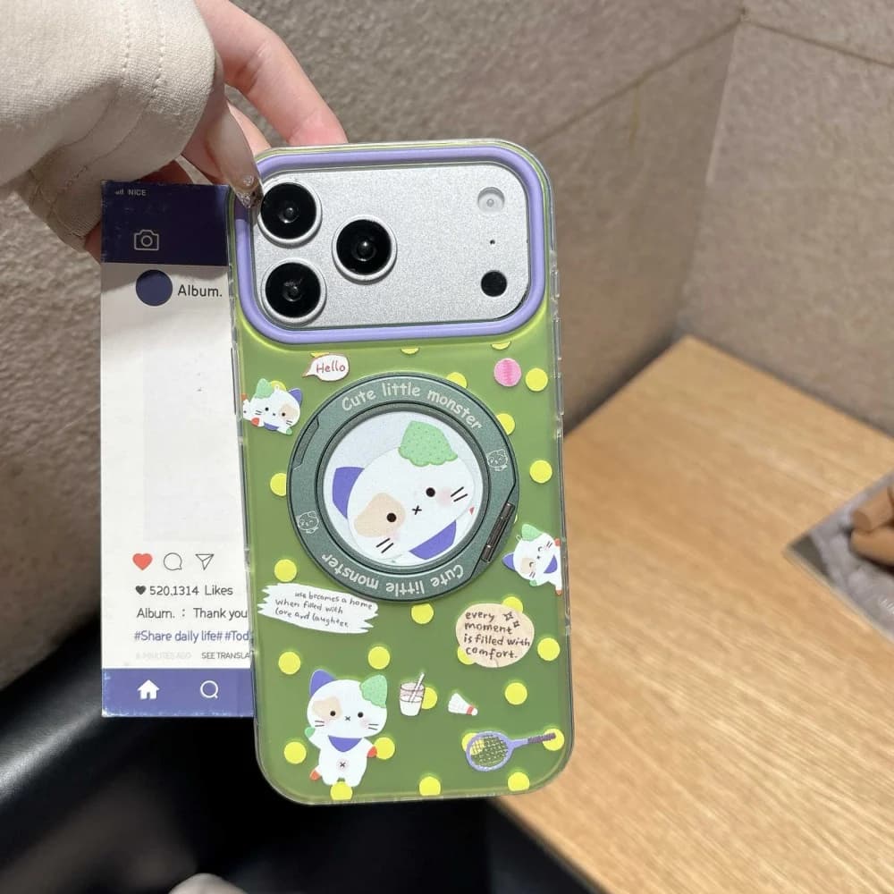 Kawaii Cartoon Cat Phone Case for iPhone 17 Pro Max 16 Max 15 16 17 Pro with MagSafe Holder Cute Girls Anti-Fall Protective Case