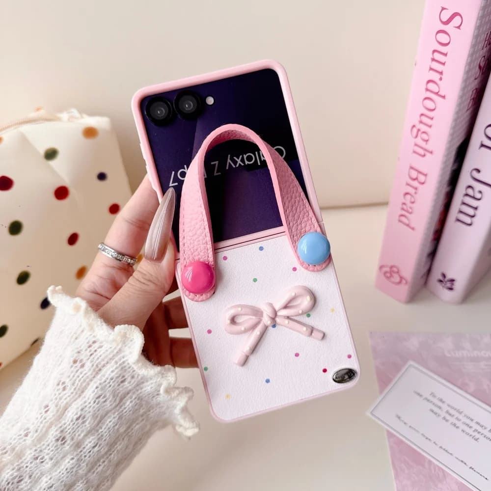 Cute sweet polka dot 3D bow wristband mobile case, for Samsung Z Flip3 4 5 6 7, fashionable cute new shockproof protective case