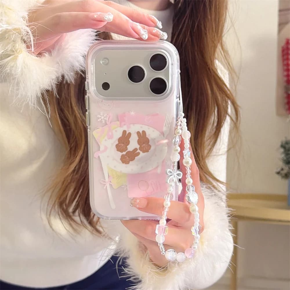 Cute INS Rabbit Phone case for iPhone 15 Pro 13 14 16 17 Pro Max Cases With Chain Cartoon Protective Cover For Apple 16 Max Case