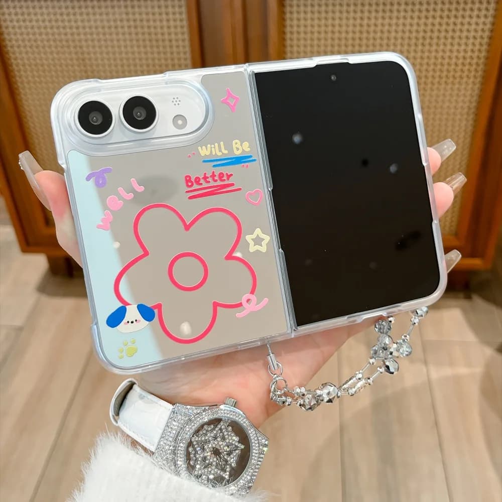 New Korean Ins Graffiti Heart Shape Flower Mirror Phone Case for iPhone Duo Cover, Fashion Shockproof Protective Back Cases Cute
