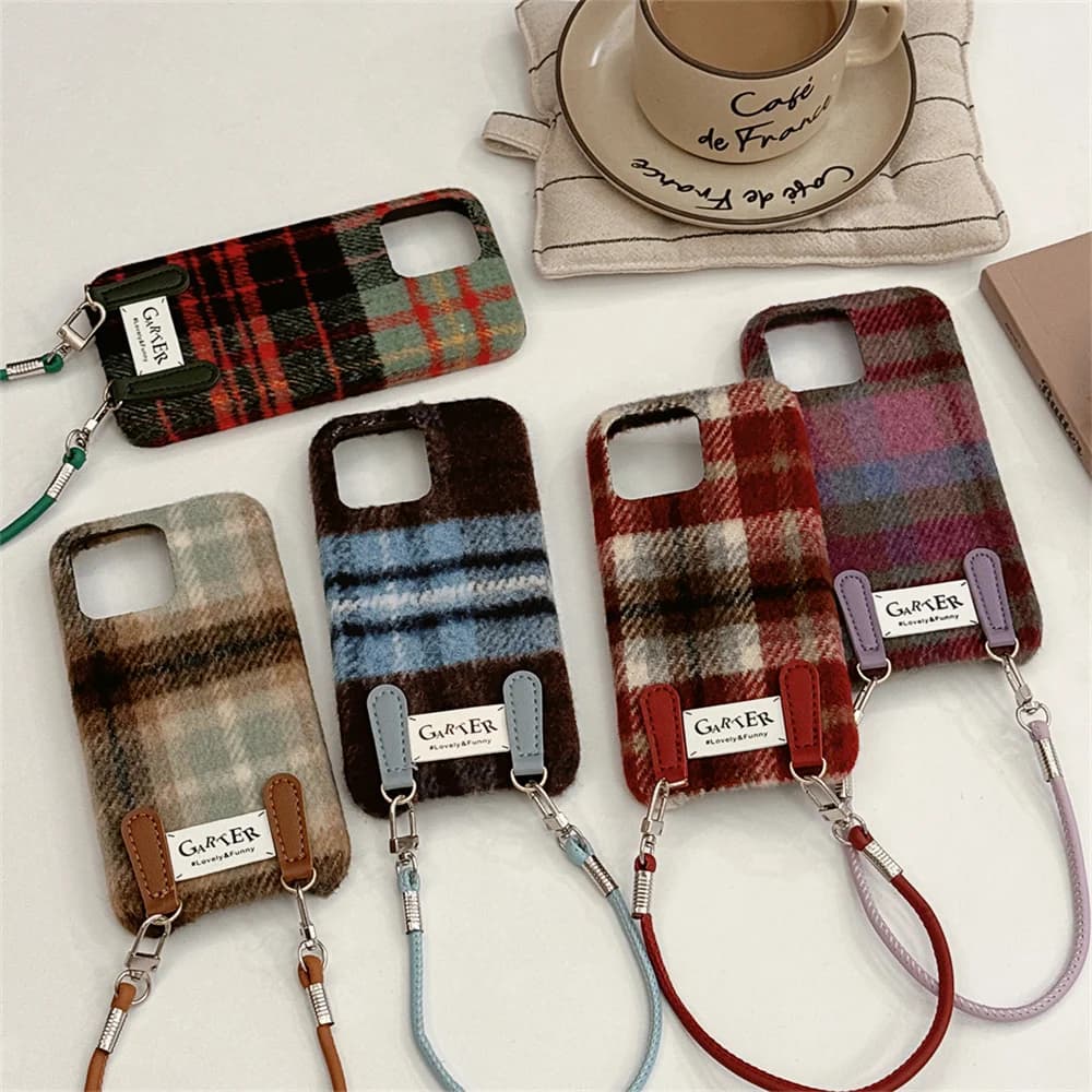 New winter cute plaid plush phone case with hanging rope, suitable for iPhone 17 13/14/15/16 Pro Max, anti fall protection