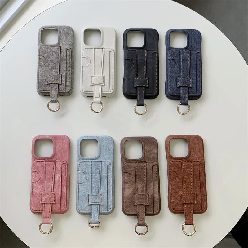 Fashion denim card bag wristband phone case for iPhone 11 12 13promax 14Pro 15 16 Pro 15 pro ring buckle Holder shockproof cover
