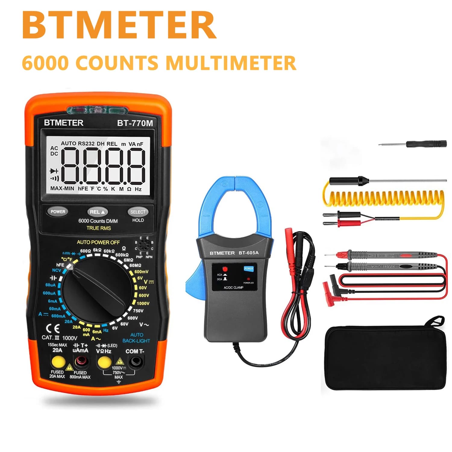 Auto Tester Digital Multimeter TRMS 6000 Counts Ohm Capacitance Frequency NCV with BT-605A Clamp Adapter 600A BTMETER BT-770M