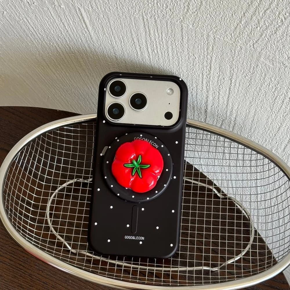 INS Korea Cute 3D Tomato Stand Phone Case for iPhone 17Pro 15 16 17 ProMax 15Pro Black Dot Fashion Protective Case with Magnetic