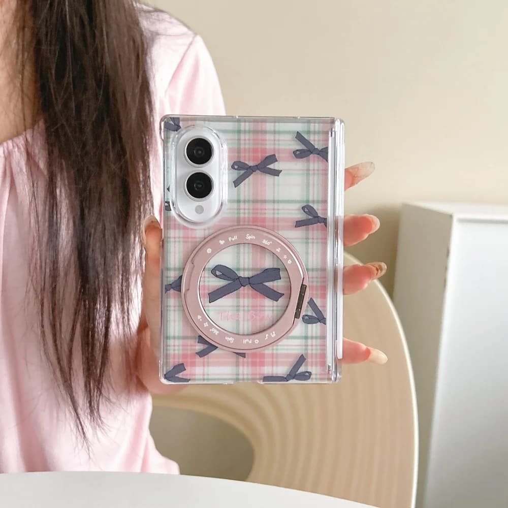 Korean Ins Plaid Bow Magnetic Phone Case for Samsung Galaxy Z Fold 8 Fashion New Anti-fall Protective Cover, with Magsafe Holder