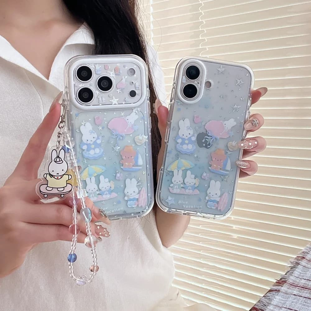 Kawaii Seaside Vacation Miffy Rabbit Glitter Phone Case for iPhone 15 16 17 Pro 17 Promax Cute Cartoon Shockproof Protective Set