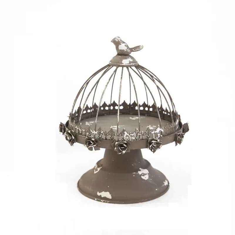 Vintage Distressed Iron Birdcage Pedestal Tray, Removable Dome Cloche with Rose Trim for Home Decor Display