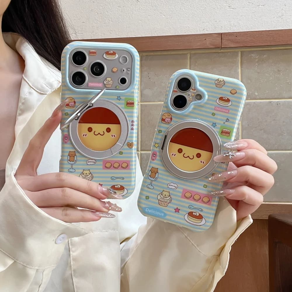 Cute Cartoon Pudding Striped Phone Case for iPhone 18 Pro 17 Max 15 16 17 18 Pro Max with Magsafe Holder, Kawaii Anti-Fall Cases