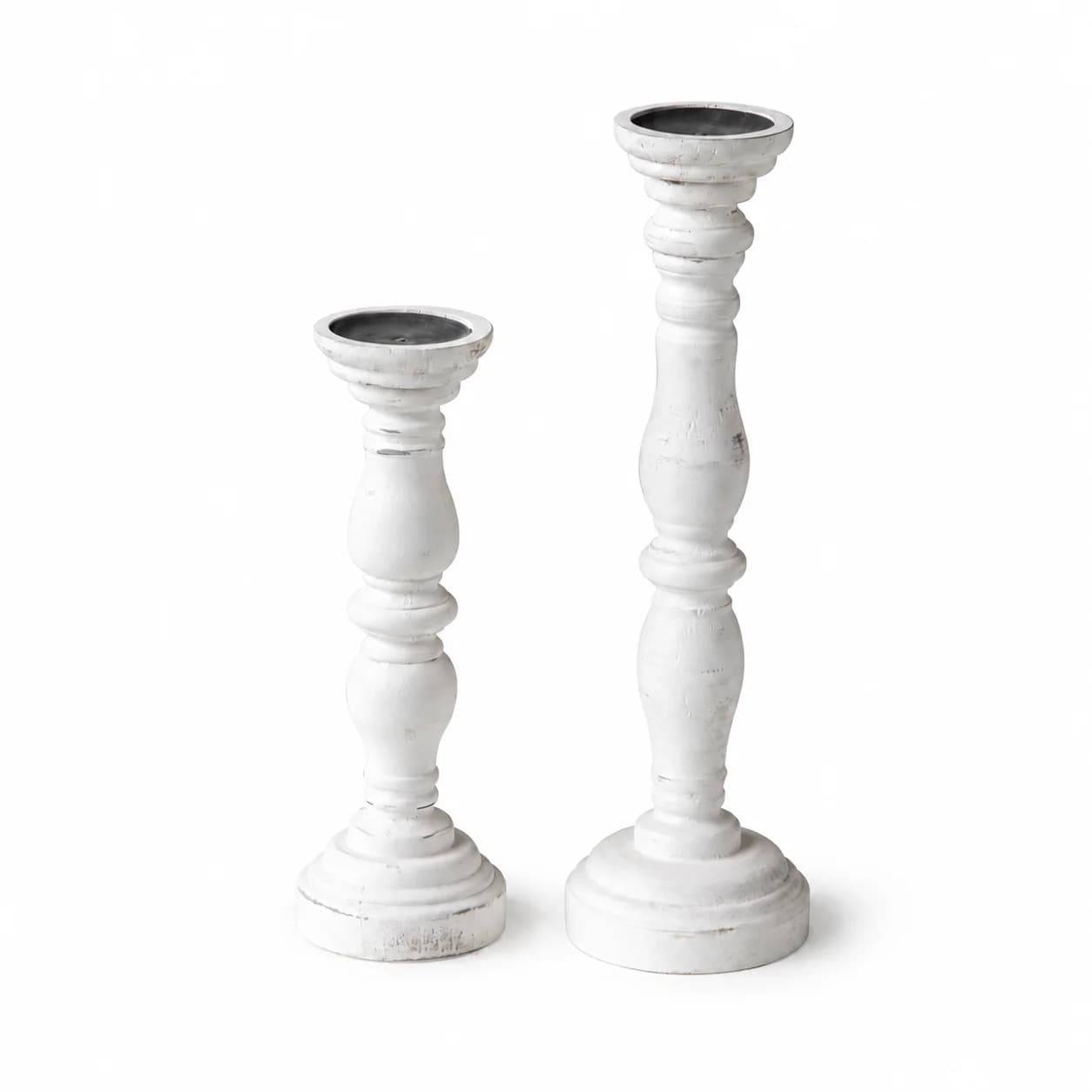 2Pcs French Vintage Wooden Candle Holders Distressed White Tall Pillar Candlestick Set Farmhouse Wedding Table Mantel Home Decor
