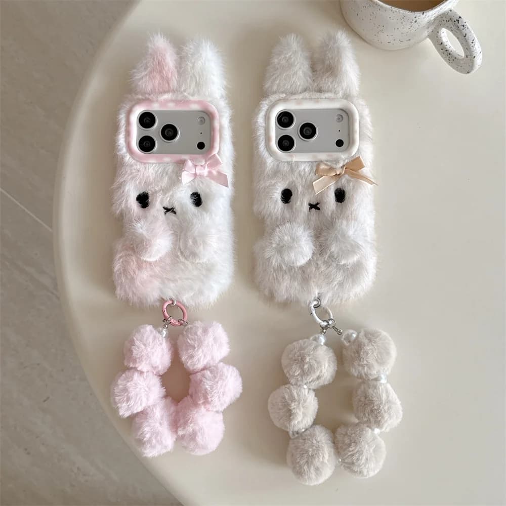 Cute Bow 3D Rabbit Plush Phone case for iPhone 17 Pro 13 14 15 plus 16 Pro Max Fundas With Chain Warm fluffy Cases Kawaii Cover