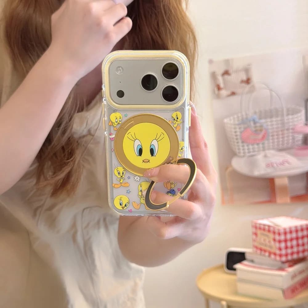 Kawaii Cartoon Bird Magnetic Phone Case For iPhone 17 16 15 17 Pro 15 Pro 16 Pro Max With Magsafe Rotate Stand Shockproof Cover