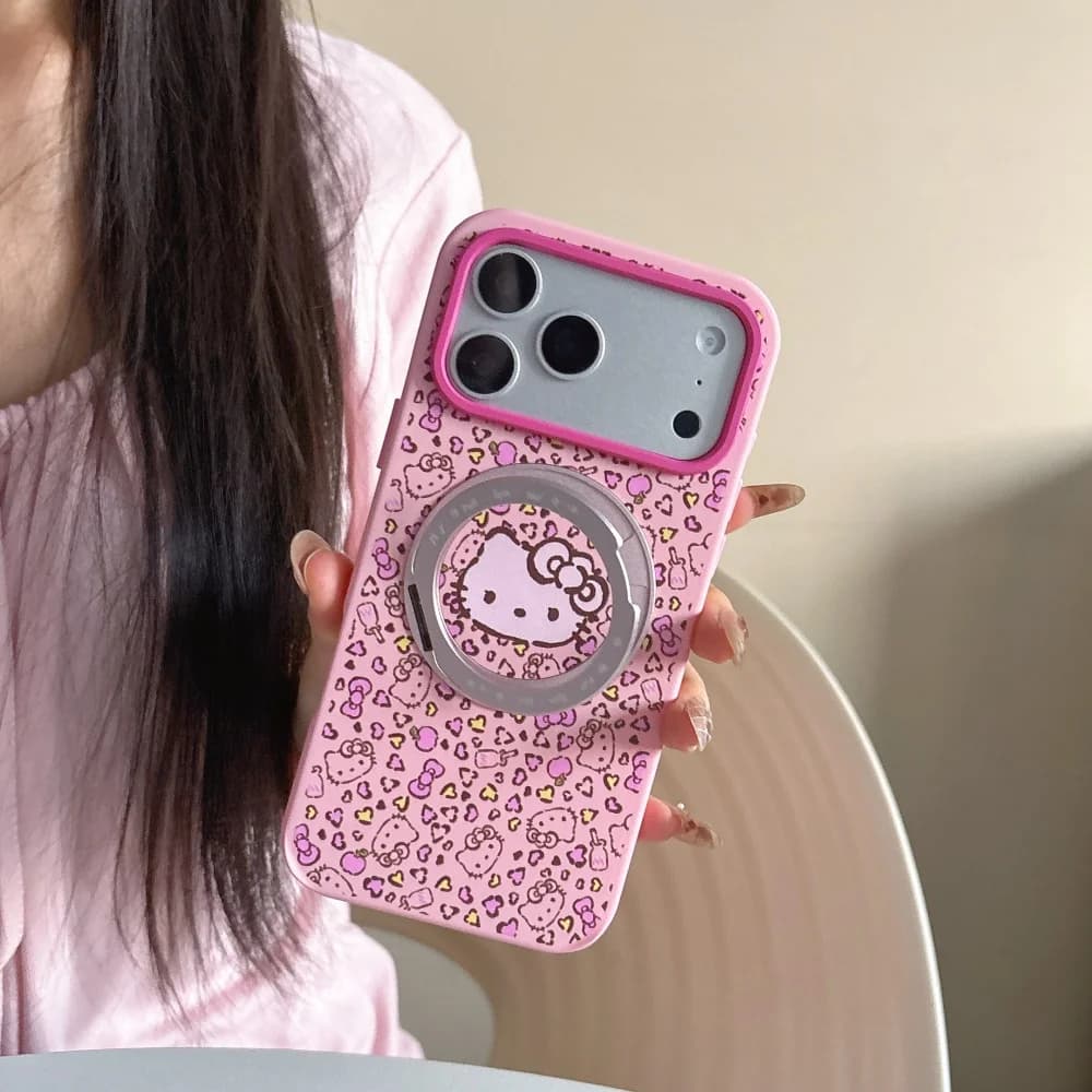 New Cute Cartoon Cat Pink Leopard Print Phone Case for iPhon 18 17 Pro Max 18 Pro Anti-fall Protective Cover with MagSafe Holder