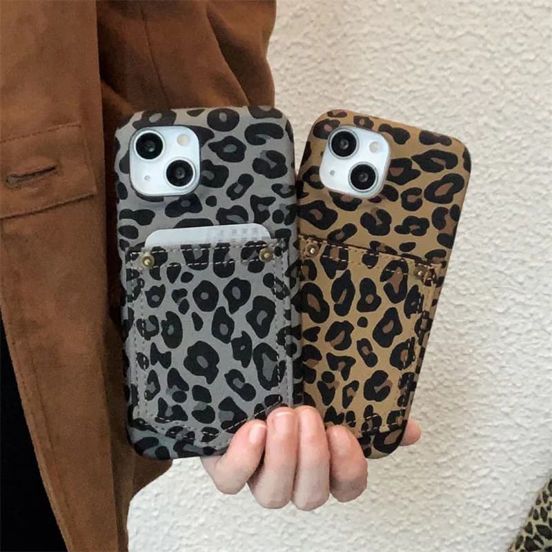 Fashion Leopard Print Card Holder Phone Case For iPhone 16 Pro 15 13 14 Pro Max Cover Luxury Leather Cute Cases For Apple 15 Max