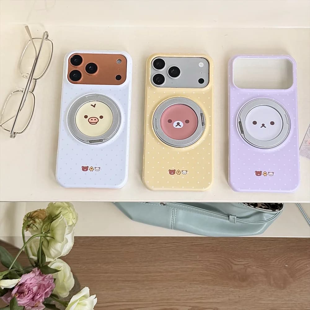 Fashion Polka Dot Rilakkuma Magnetic Phone Case for iPhone 17 16 15 16 Pro 15 Pro 17 Pro Max Cover With Stand Silicon Cute Cases