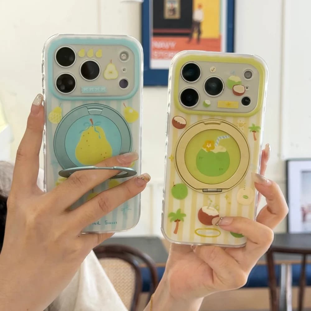 New Korean INS Striped Coconut Fruit Print Summer Phone Case for iPhone 17Pro 16 Max 15 16 17 Pro Max 15 Pro with Magnetic Stand