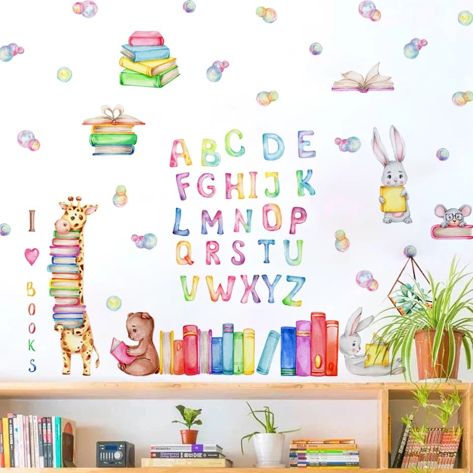 Cartoon Animals Reading Colored Letter Bubbl Watercolor Wall Sticker  Nursery Baby Kindergarten Art Decal Kids Room Home Decor