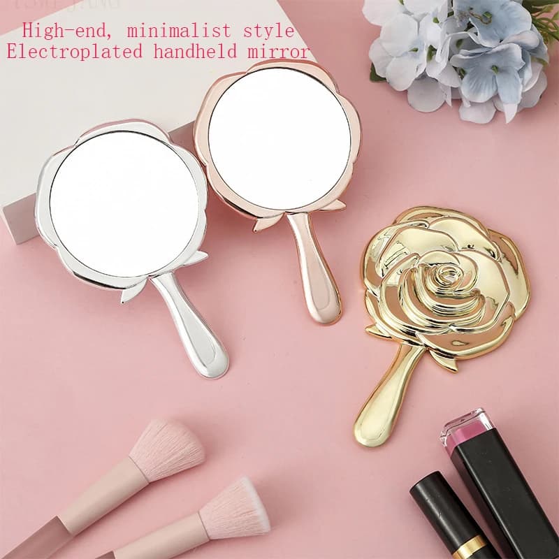 High-End Electroplated Rose Handheld Mirror, Instagram-Worthy, Girly Portable Makeup Mirror, Mini Makeup Touch-Up Mirror