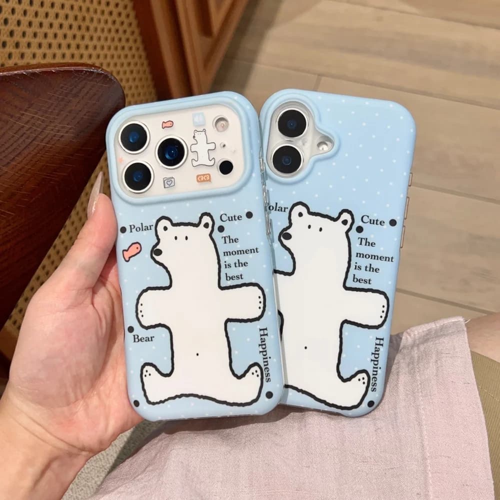 Korea INS Cute White Bear Print Blue Phone Case for iPhone 17Pro 16 Max 15 16 17 Pro Max 15Pro Kawaii Shockproof Protective Case