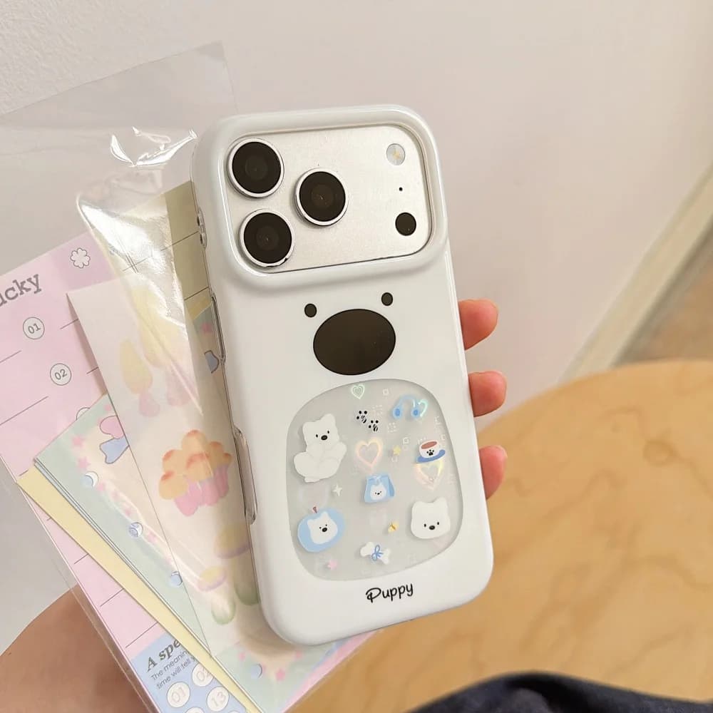 INS Cute Cartoon Puppy Sticker Printed White Phone Case for iPhone 17Pro 16 Max 15 16 17 Pro Max 15 16 Pro Kawaii Anti-fall Case
