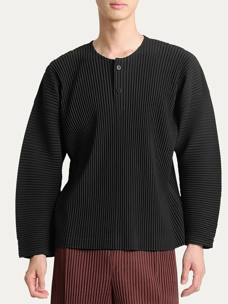 Miyake Pleated Men's Henley Neck T-Shirt Long Sleeve Casual Top Minimalist Fashion