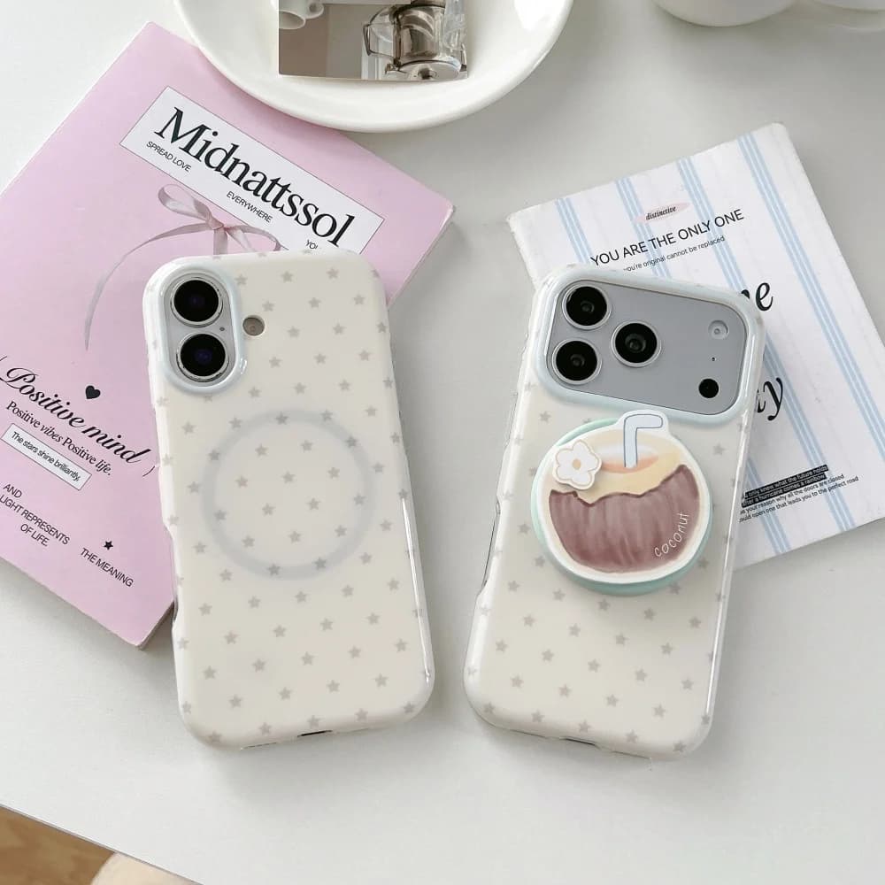 Korean Cute Stars Magnetic Phone Case for iPhone 15 Pro 16 Pro 15 16 17 Pro Max Cover With Magsafe Coconut Stand Cute Cover Capa