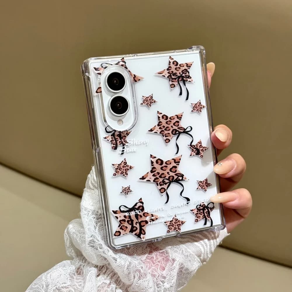 Vintage Leopard Print Heart-Shaped Star Bow Phone Case For Samsung Galaxy Z Fold 8, 8 Ultra Z Fold 7 Fashion Y2K Anti-Fall Cover