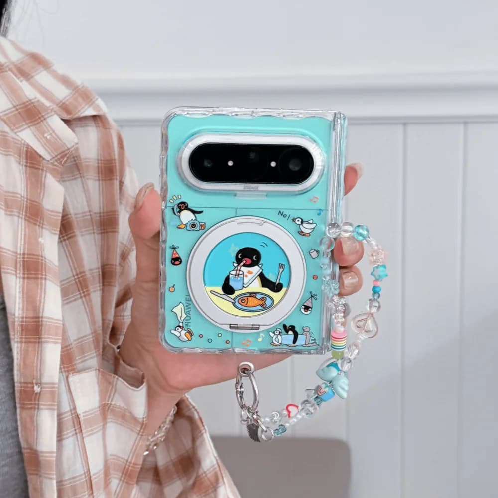INS Cute Cartoon Penguin Print Phone Case with Magnetic Stand for Huawei Puraxmax Purax Kawaii Anti-fall Protective Folding Case